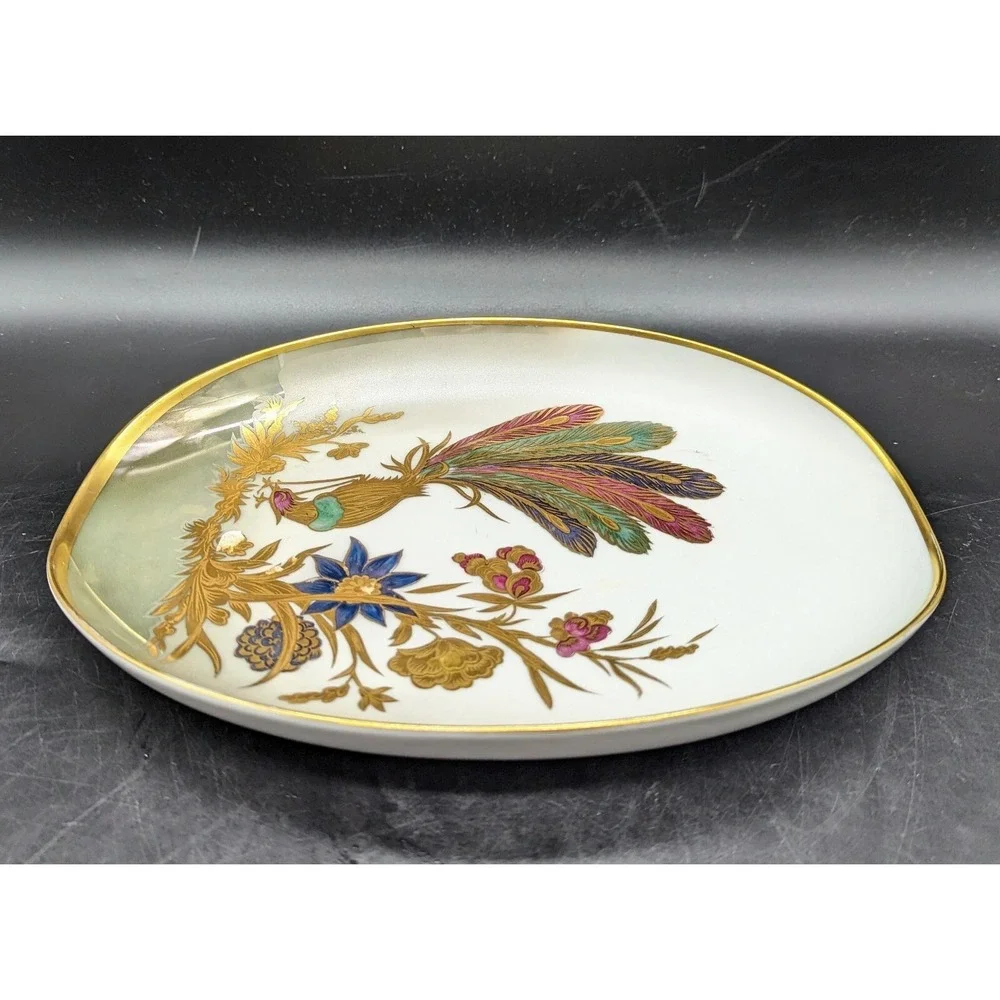 Vintage Dipinto A Mano Longo Oro Zecchino Italy Oval Dish Pheasant Bird Flower